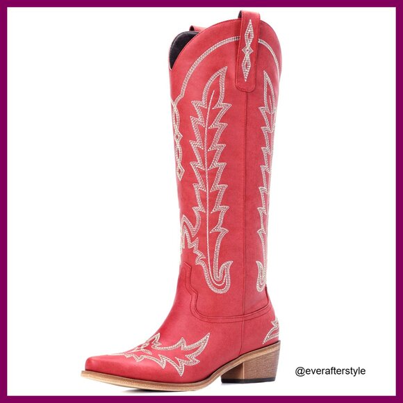 Knee High Cowboy Boots Pointed Toe Chunky Heel Pull On Zipper Western